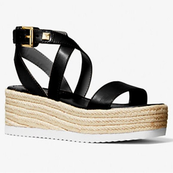 MICHAEL KORS Lowry Platform Wedge Espadrille Sandals In Black Leather/Jute 8 NEW - Picture 1 of 11